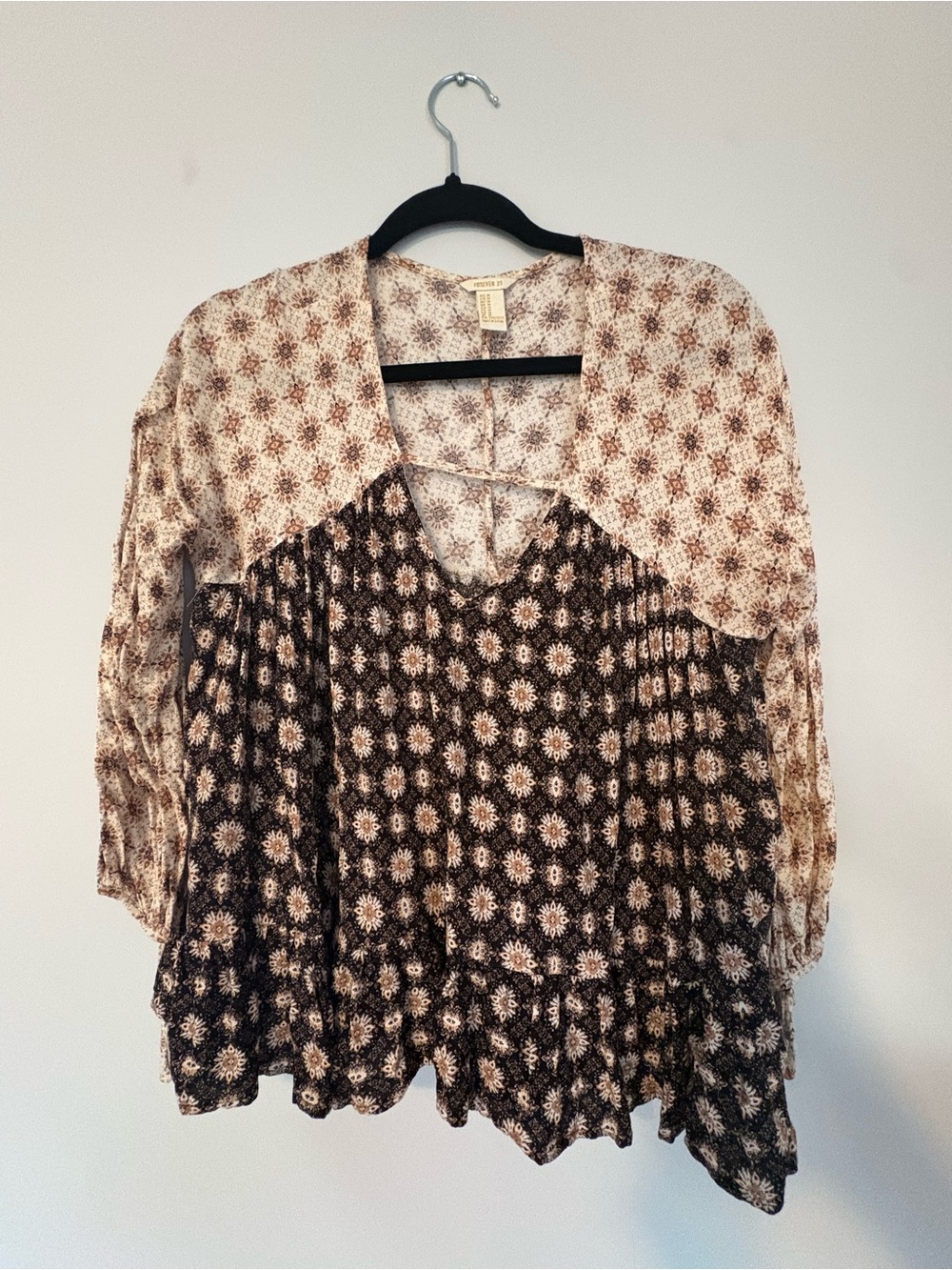 Brown and Cream Floral Tiered Boho Tunic Top.